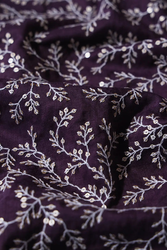 AIzaSyBcstauz-XMPRhEY21AUzeo032pxrXB5Ug - 1.80 Meter Cut Piece Of White Thread With Gold Sequins Leafy Embroidery On Viola Purple Muslin Silk Fabric