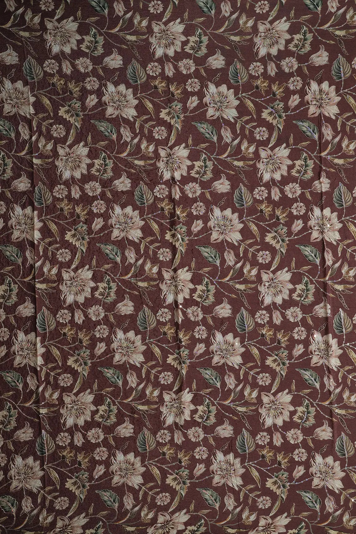 AIzaSyBcstauz-XMPRhEY21AUzeo032pxrXB5Ug - 1 Meter Cut Piece Of Floral Position Print On Sequins Embroidery Brown Viscose Chinnon Chiffon Fabric