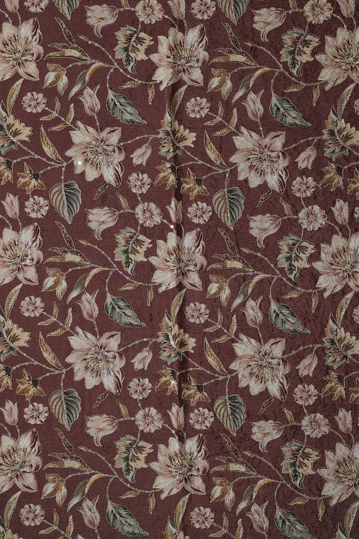 AIzaSyBcstauz-XMPRhEY21AUzeo032pxrXB5Ug - 1 Meter Cut Piece Of Floral Position Print On Sequins Embroidery Brown Viscose Chinnon Chiffon Fabric