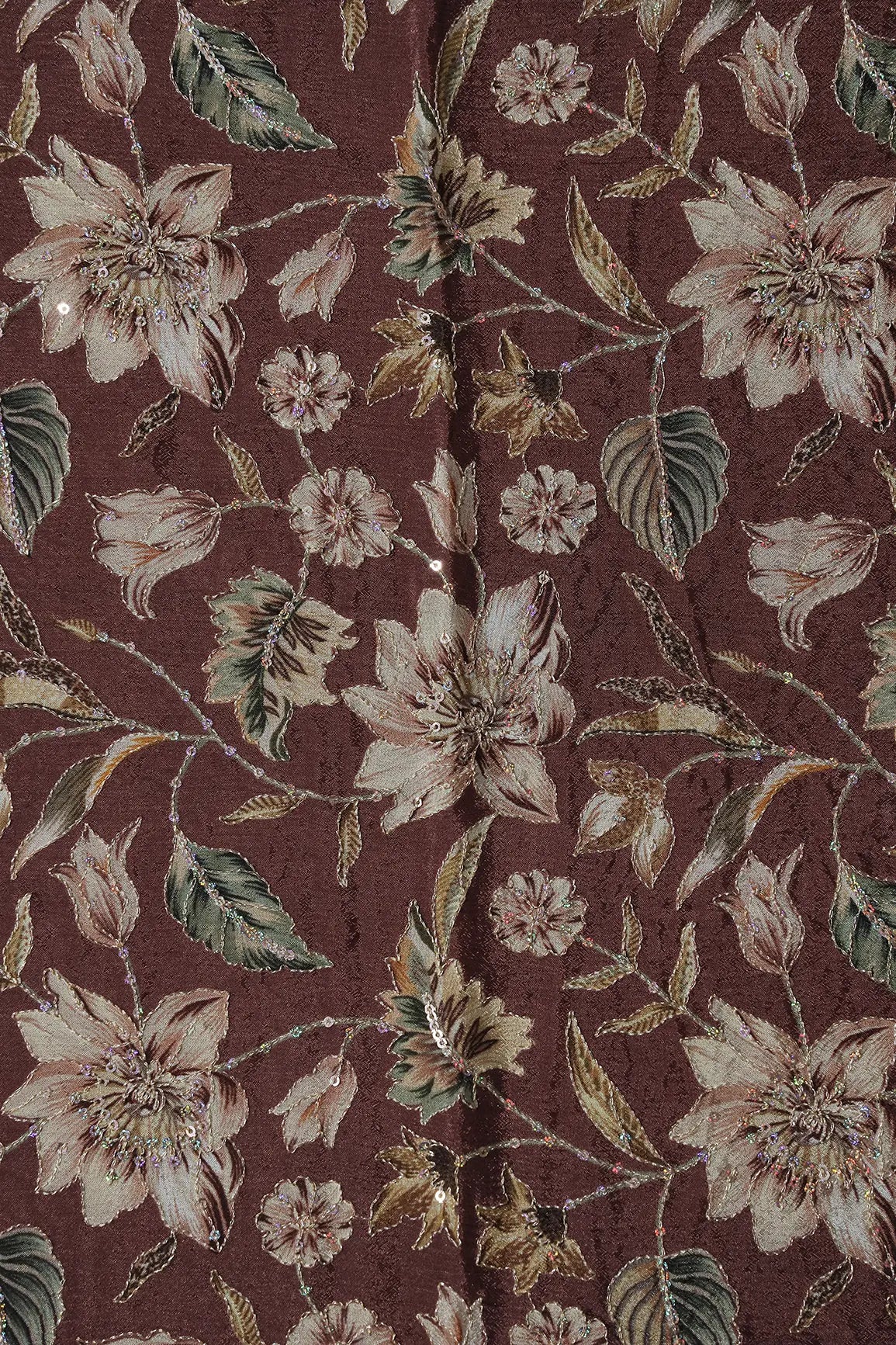 AIzaSyBcstauz-XMPRhEY21AUzeo032pxrXB5Ug - 1 Meter Cut Piece Of Floral Position Print On Sequins Embroidery Brown Viscose Chinnon Chiffon Fabric