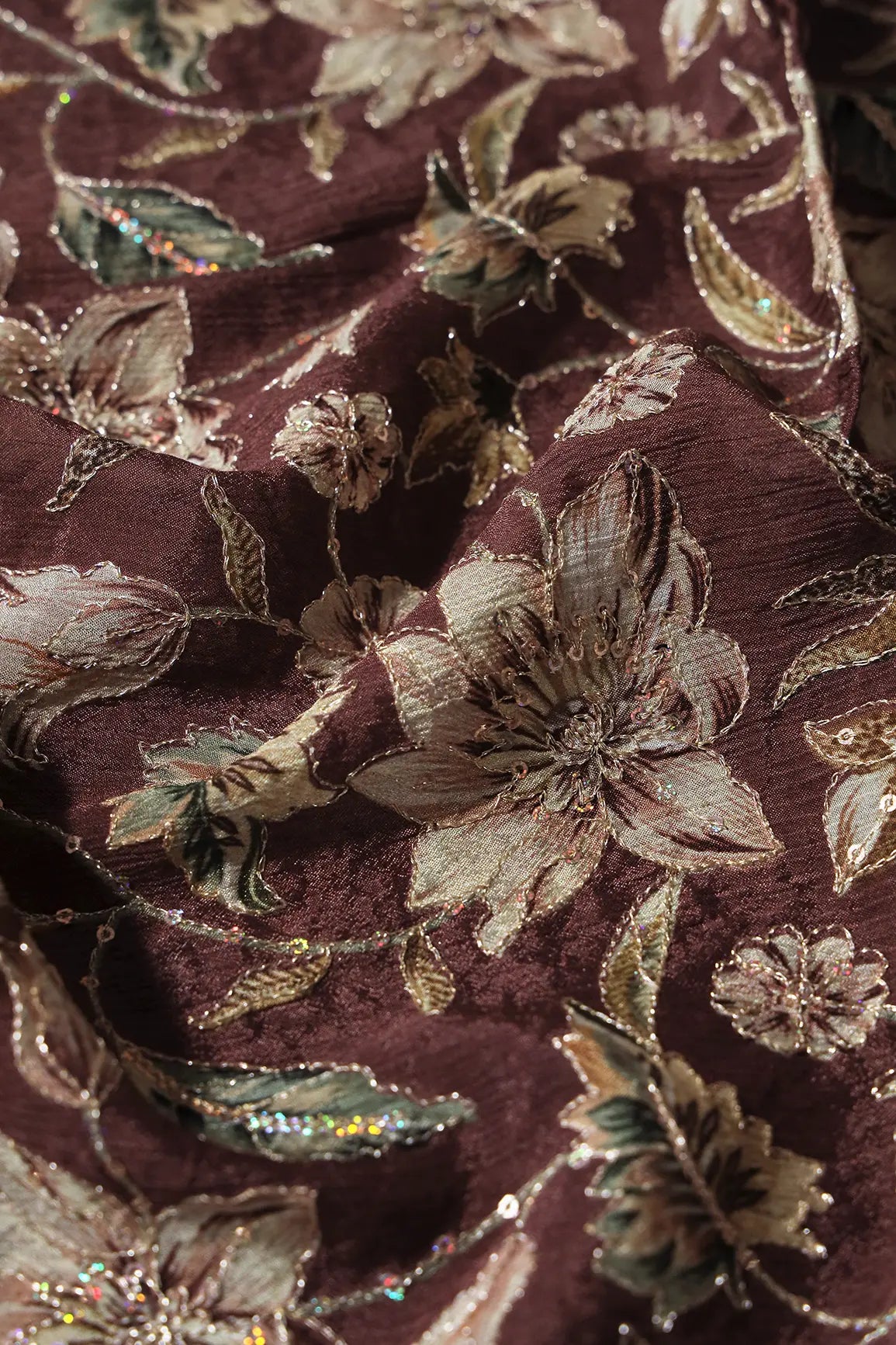 AIzaSyBcstauz-XMPRhEY21AUzeo032pxrXB5Ug - 1 Meter Cut Piece Of Floral Position Print On Sequins Embroidery Brown Viscose Chinnon Chiffon Fabric