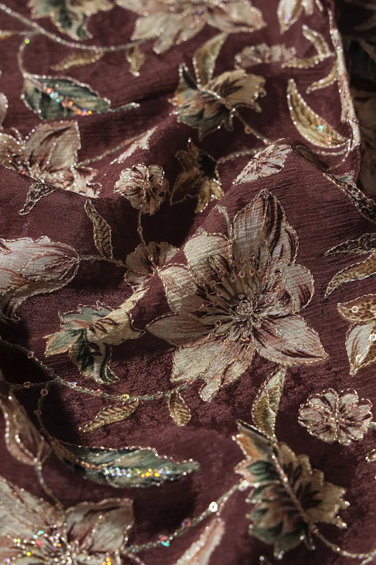 AIzaSyBcstauz-XMPRhEY21AUzeo032pxrXB5Ug - 1 Meter Cut Piece Of Floral Position Print On Sequins Embroidery Brown Viscose Chinnon Chiffon Fabric