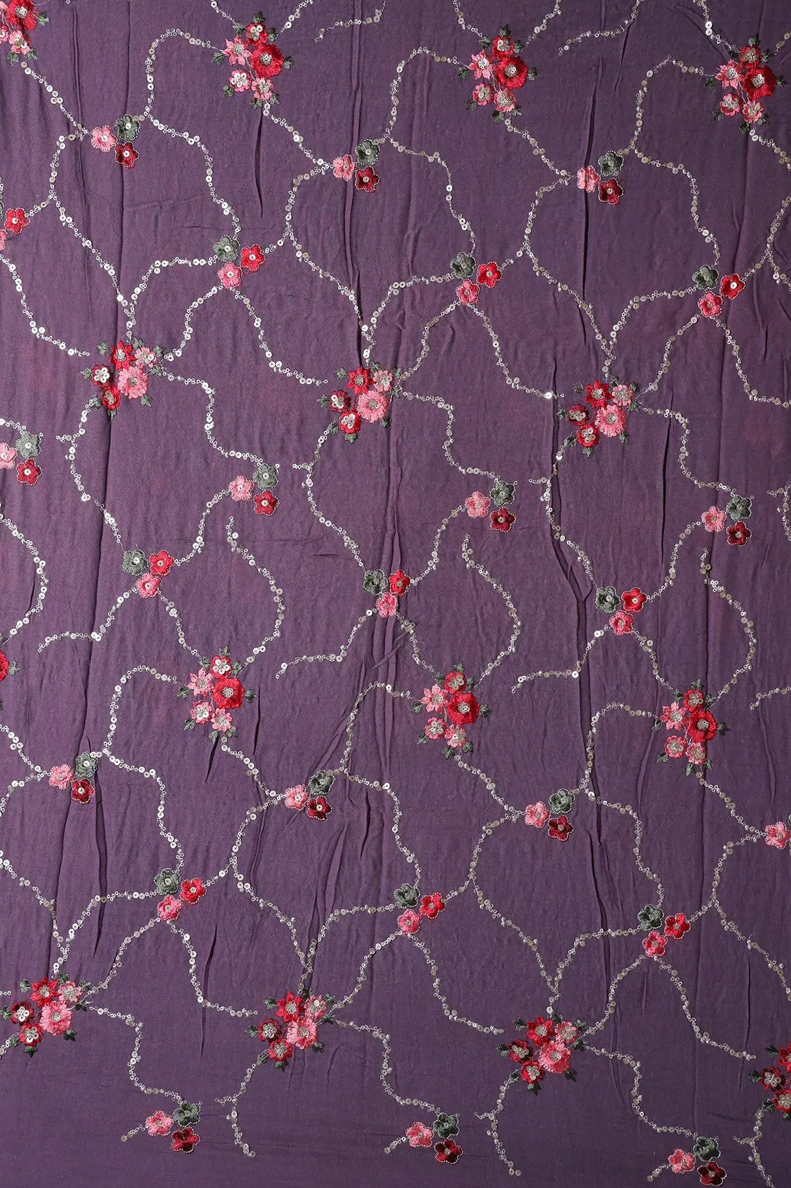 AIzaSyBcstauz-XMPRhEY21AUzeo032pxrXB5Ug - 1.90 Meter Cut Piece Of Gold Sequins And Multi Thread Floral Embroidery On Viola Purple Muslin Silk Fabric