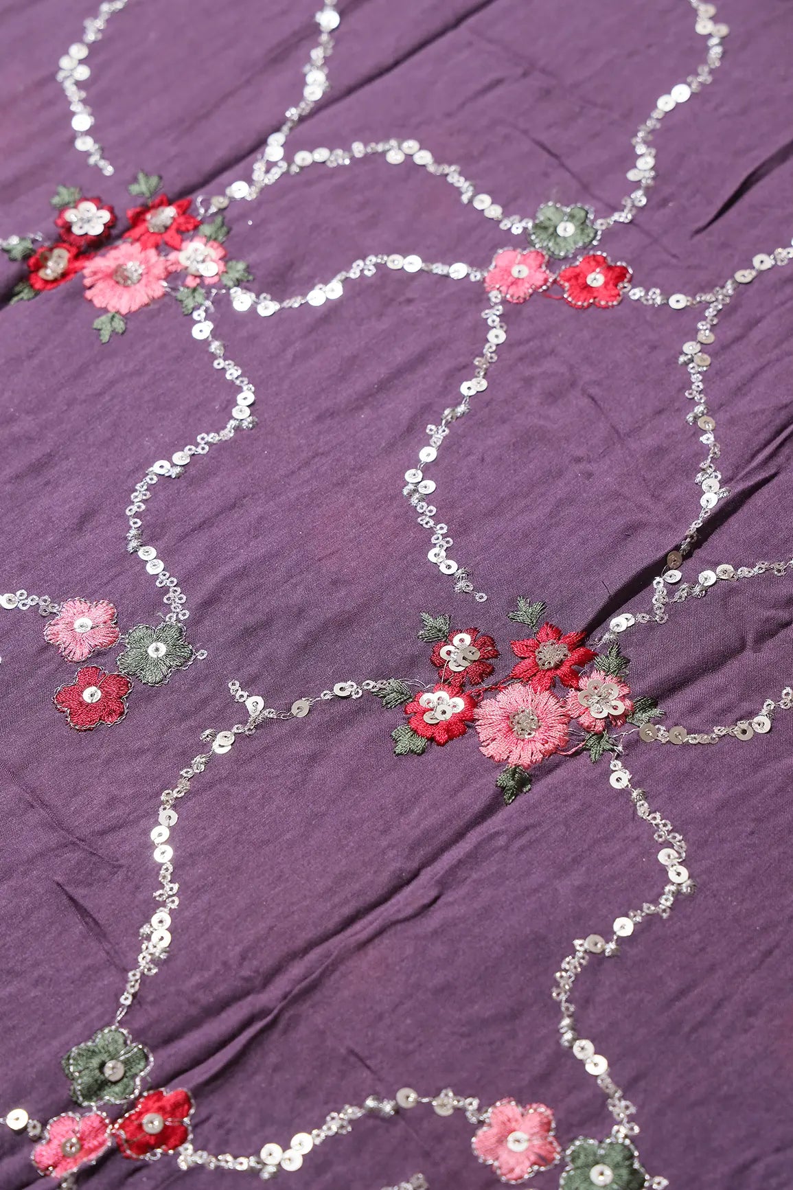 AIzaSyBcstauz-XMPRhEY21AUzeo032pxrXB5Ug - 1.90 Meter Cut Piece Of Gold Sequins And Multi Thread Floral Embroidery On Viola Purple Muslin Silk Fabric