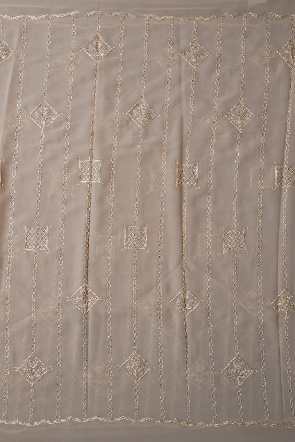 AIzaSyBcstauz-XMPRhEY21AUzeo032pxrXB5Ug - 2.25 Meter Cut Piece Of Beige Thread Stripes Embroidery On Light Beige Georgette Fabric