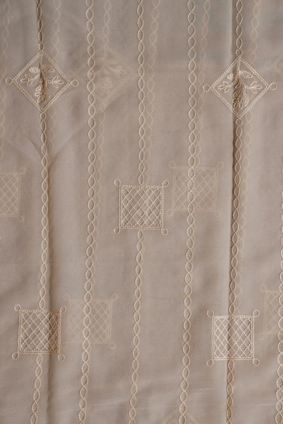 AIzaSyBcstauz-XMPRhEY21AUzeo032pxrXB5Ug - 2.25 Meter Cut Piece Of Beige Thread Stripes Embroidery On Light Beige Georgette Fabric