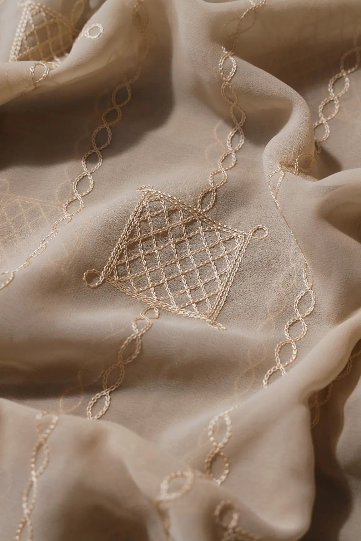 AIzaSyBcstauz-XMPRhEY21AUzeo032pxrXB5Ug - 2.25 Meter Cut Piece Of Beige Thread Stripes Embroidery On Light Beige Georgette Fabric