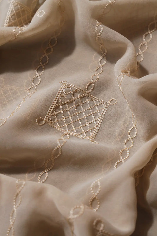 AIzaSyBcstauz-XMPRhEY21AUzeo032pxrXB5Ug - 2.25 Meter Cut Piece Of Beige Thread Stripes Embroidery On Light Beige Georgette Fabric