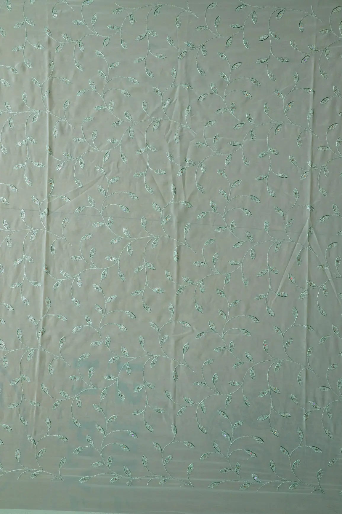 AIzaSyBcstauz-XMPRhEY21AUzeo032pxrXB5Ug - 1 Meter Cut Piece Of Rainbow Sequins Leafy Embroidery On Pista Green Georgette Fabric