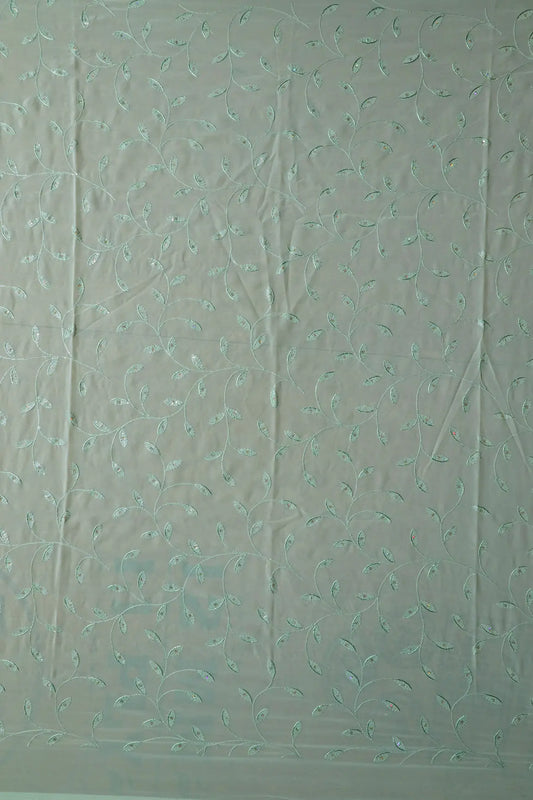 AIzaSyBcstauz-XMPRhEY21AUzeo032pxrXB5Ug - 1 Meter Cut Piece Of Rainbow Sequins Leafy Embroidery On Pista Green Georgette Fabric