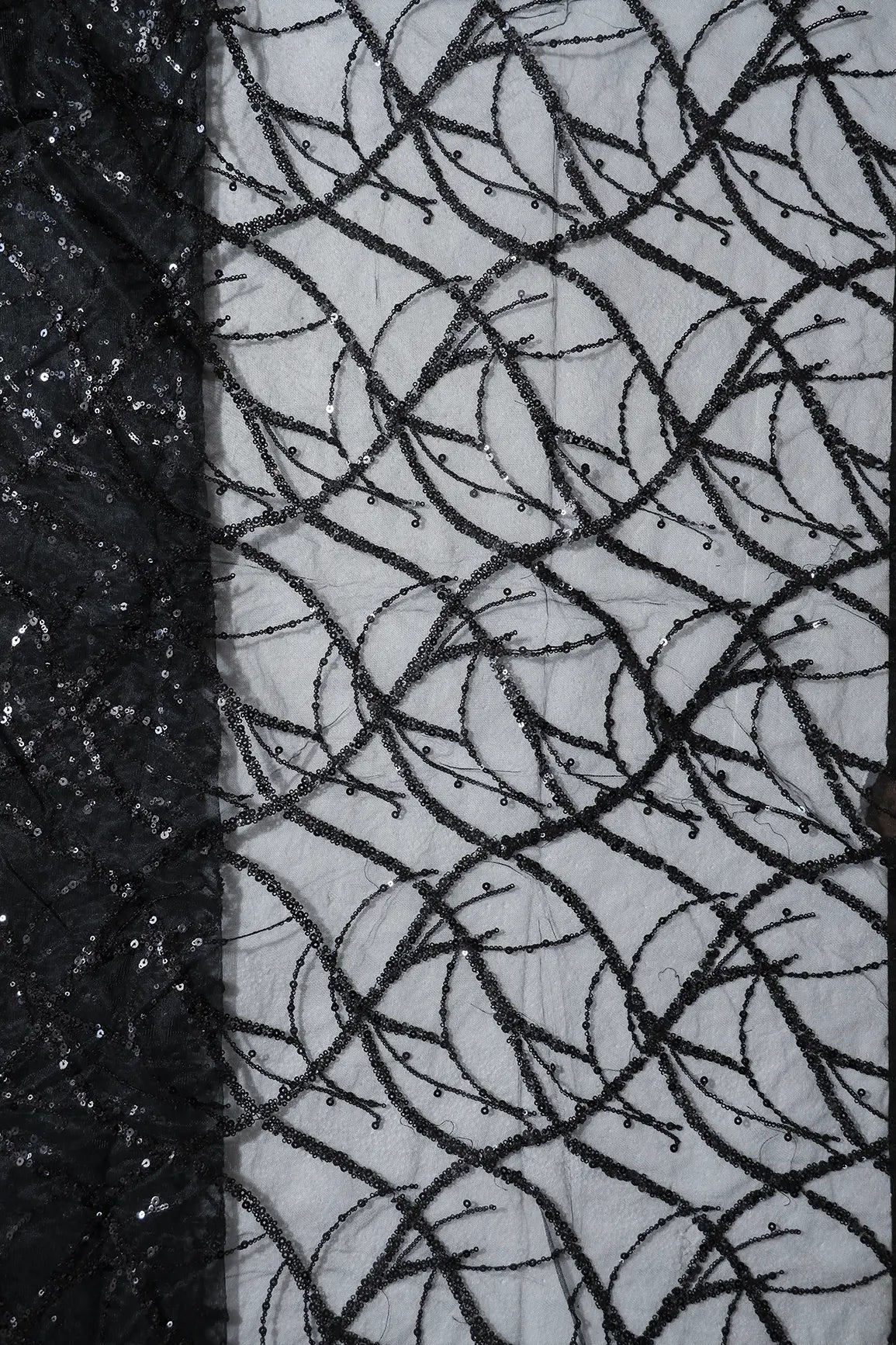 AIzaSyBcstauz-XMPRhEY21AUzeo032pxrXB5Ug - 2 Meter Cut Piece Of Black Sequins Work Embroidery On Black Soft Net Fabric