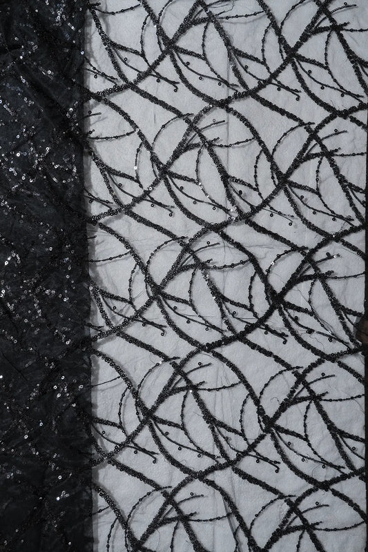AIzaSyBcstauz-XMPRhEY21AUzeo032pxrXB5Ug - 2 Meter Cut Piece Of Black Sequins Work Embroidery On Black Soft Net Fabric