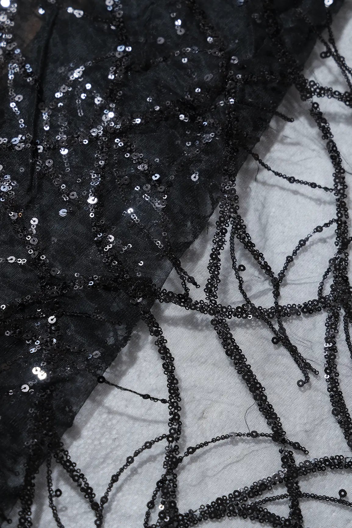 AIzaSyBcstauz-XMPRhEY21AUzeo032pxrXB5Ug - 2 Meter Cut Piece Of Black Sequins Work Embroidery On Black Soft Net Fabric
