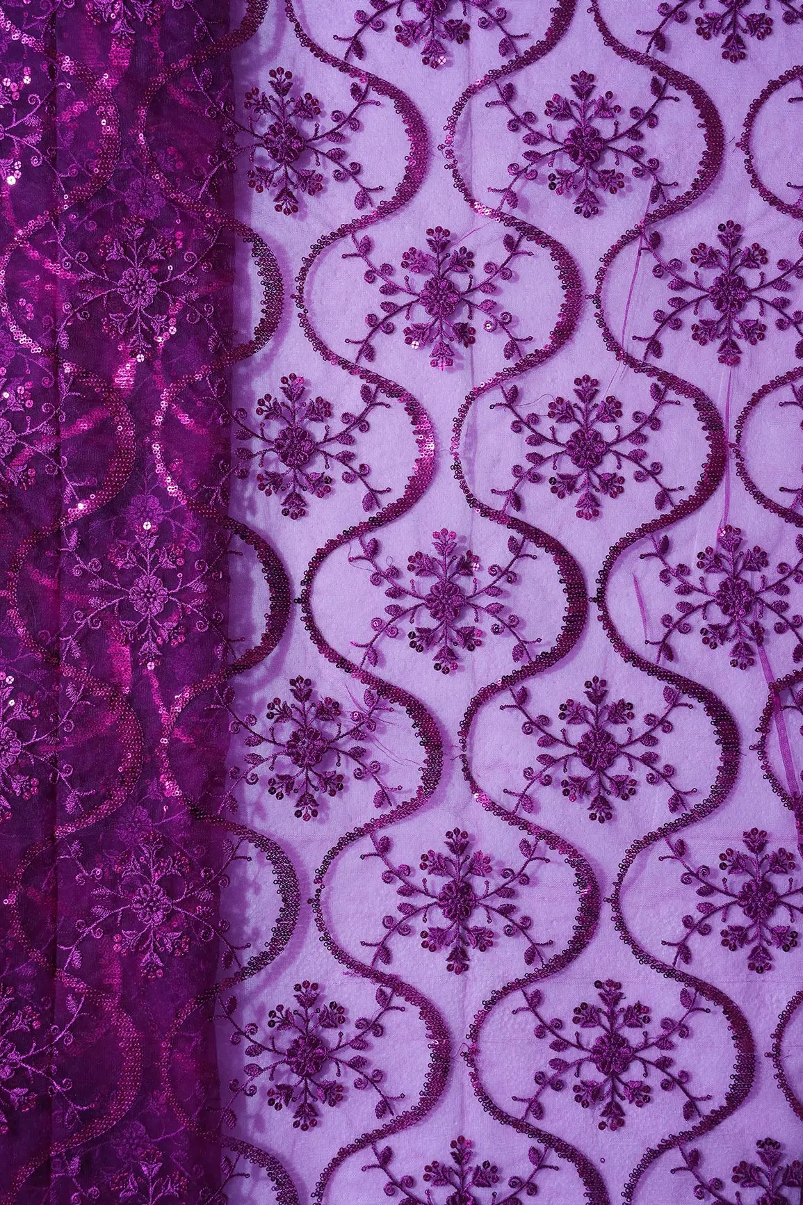 AIzaSyBcstauz-XMPRhEY21AUzeo032pxrXB5Ug - 1.75 Meter Cut Piece Of Purple Sequins Work Floral Embroidery On Purple Soft Net Fabric