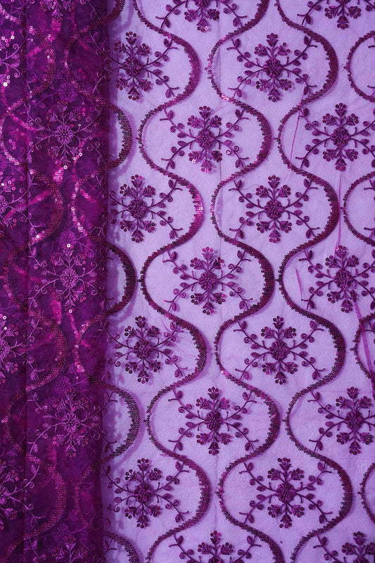 AIzaSyBcstauz-XMPRhEY21AUzeo032pxrXB5Ug - 1.75 Meter Cut Piece Of Purple Sequins Work Floral Embroidery On Purple Soft Net Fabric