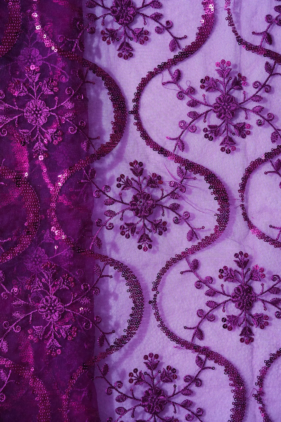 AIzaSyBcstauz-XMPRhEY21AUzeo032pxrXB5Ug - 1.75 Meter Cut Piece Of Purple Sequins Work Floral Embroidery On Purple Soft Net Fabric