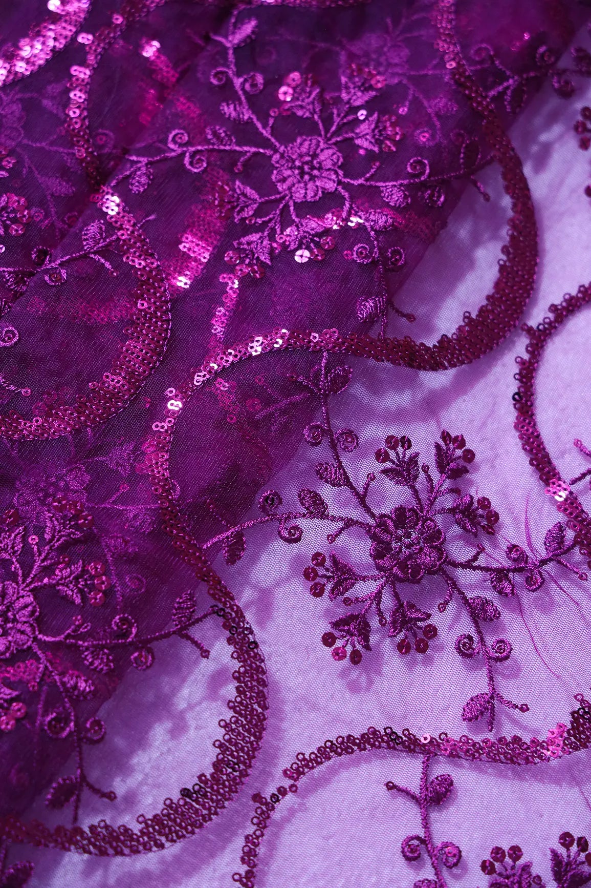 AIzaSyBcstauz-XMPRhEY21AUzeo032pxrXB5Ug - 1.75 Meter Cut Piece Of Purple Sequins Work Floral Embroidery On Purple Soft Net Fabric