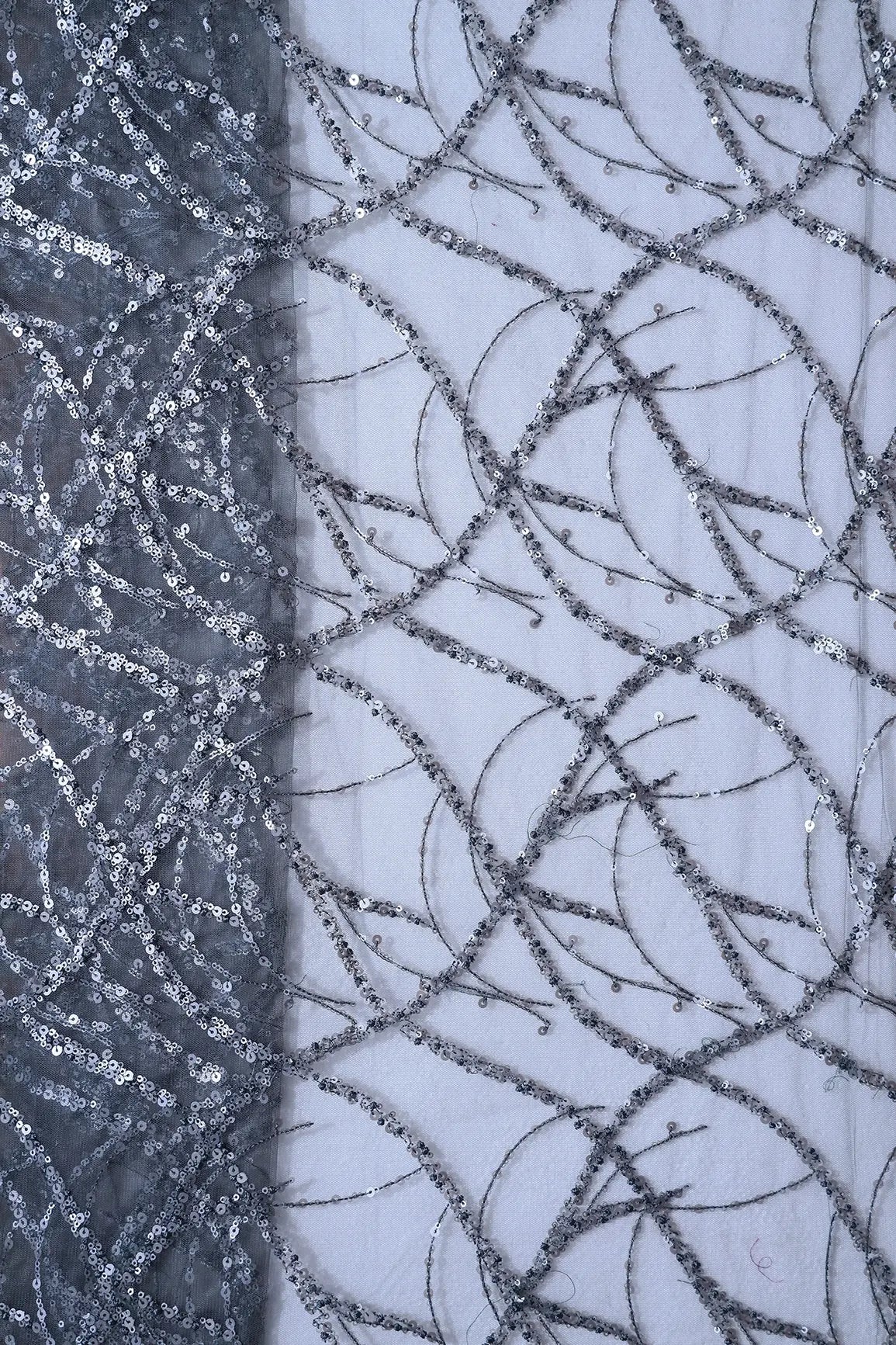AIzaSyBcstauz-XMPRhEY21AUzeo032pxrXB5Ug - 1.75 Meter Cut Piece Of Grey Sequins Work Embroidery On Dark Grey Soft Net Fabric