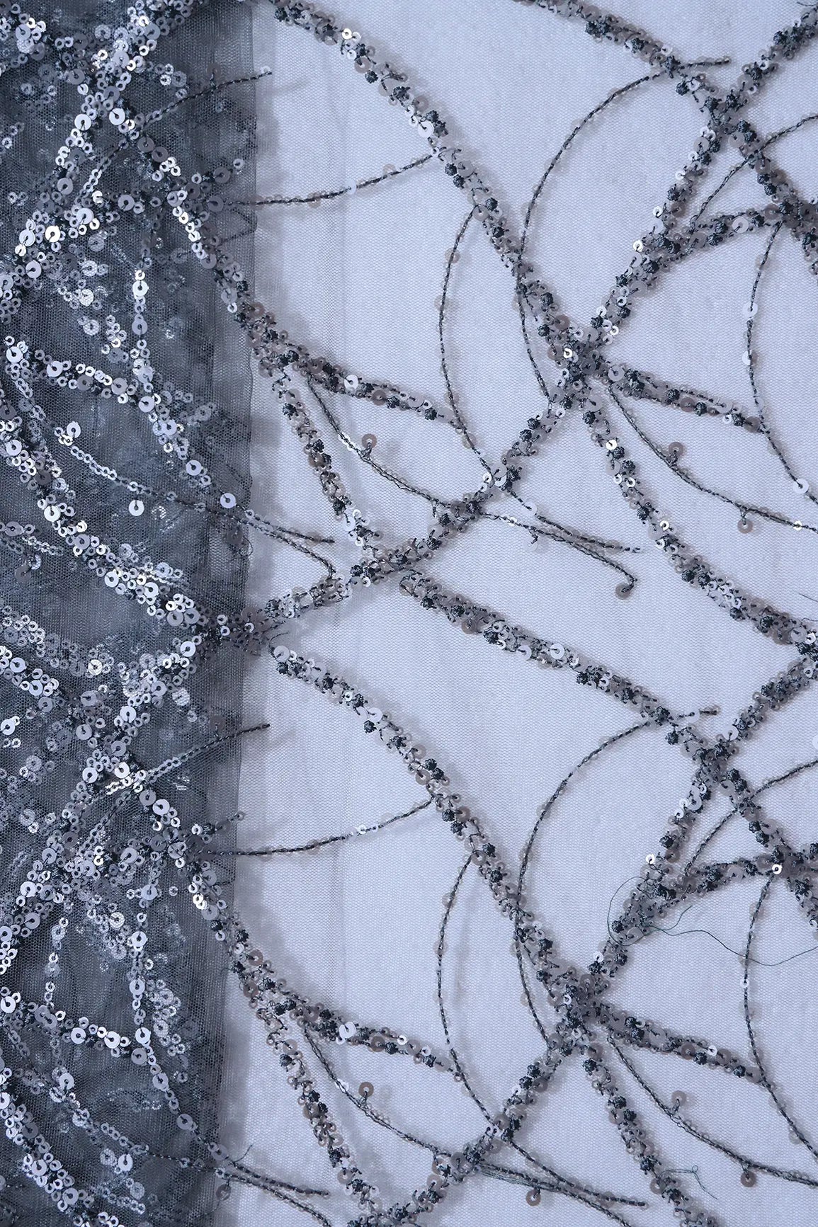 AIzaSyBcstauz-XMPRhEY21AUzeo032pxrXB5Ug - 1.75 Meter Cut Piece Of Grey Sequins Work Embroidery On Dark Grey Soft Net Fabric