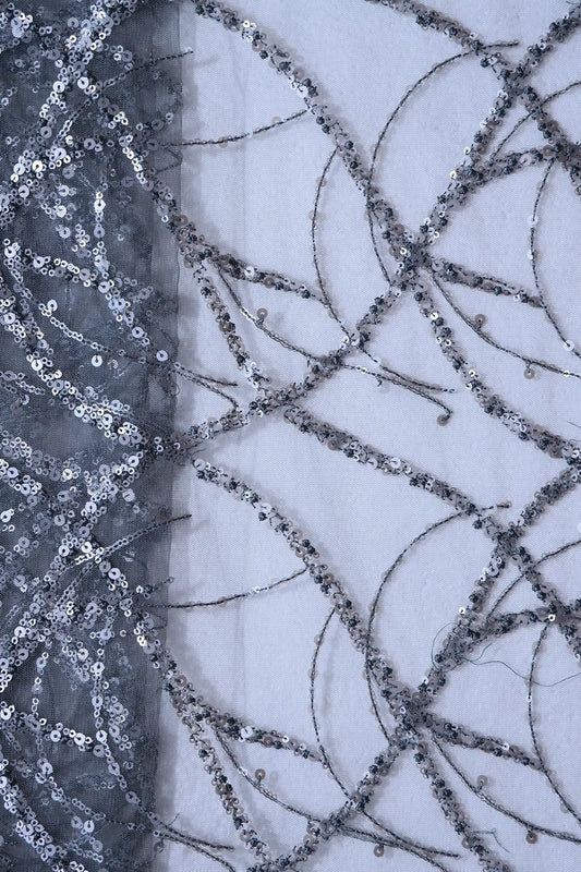 AIzaSyBcstauz-XMPRhEY21AUzeo032pxrXB5Ug - 1.75 Meter Cut Piece Of Grey Sequins Work Embroidery On Dark Grey Soft Net Fabric