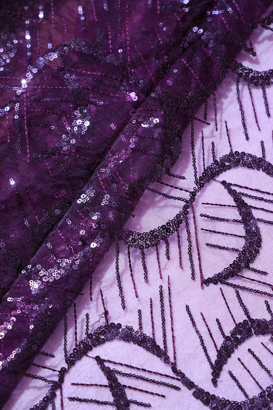 AIzaSyBcstauz-XMPRhEY21AUzeo032pxrXB5Ug - 1.50 Meter Cut Piece Of Wine Sequins Work Embroidery On Wine Soft Net Fabric