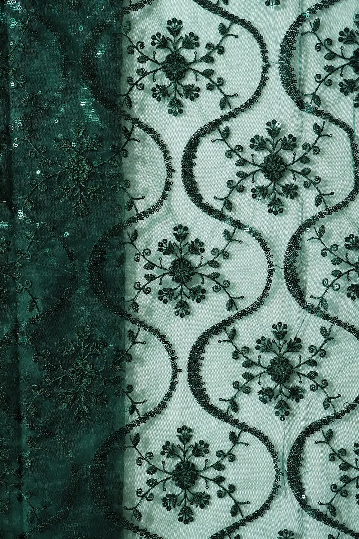 AIzaSyBcstauz-XMPRhEY21AUzeo032pxrXB5Ug - 1.75 Meter Cut Piece Of Green Sequins Green Thread Work Embroidery On Bottle Green Soft Net Fabric