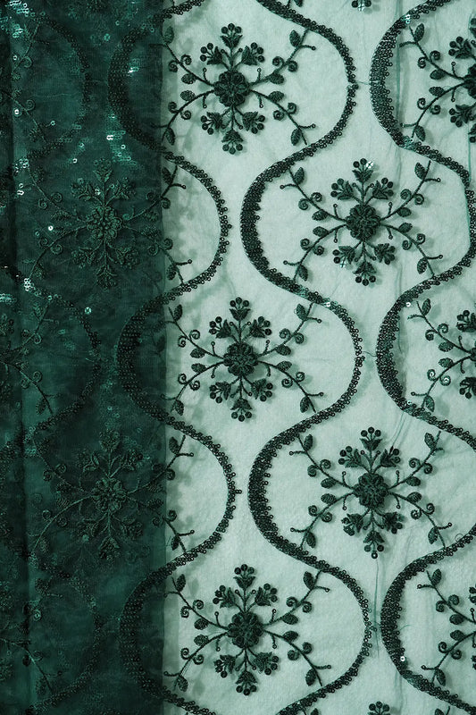 AIzaSyBcstauz-XMPRhEY21AUzeo032pxrXB5Ug - 1.75 Meter Cut Piece Of Green Sequins Green Thread Work Embroidery On Bottle Green Soft Net Fabric