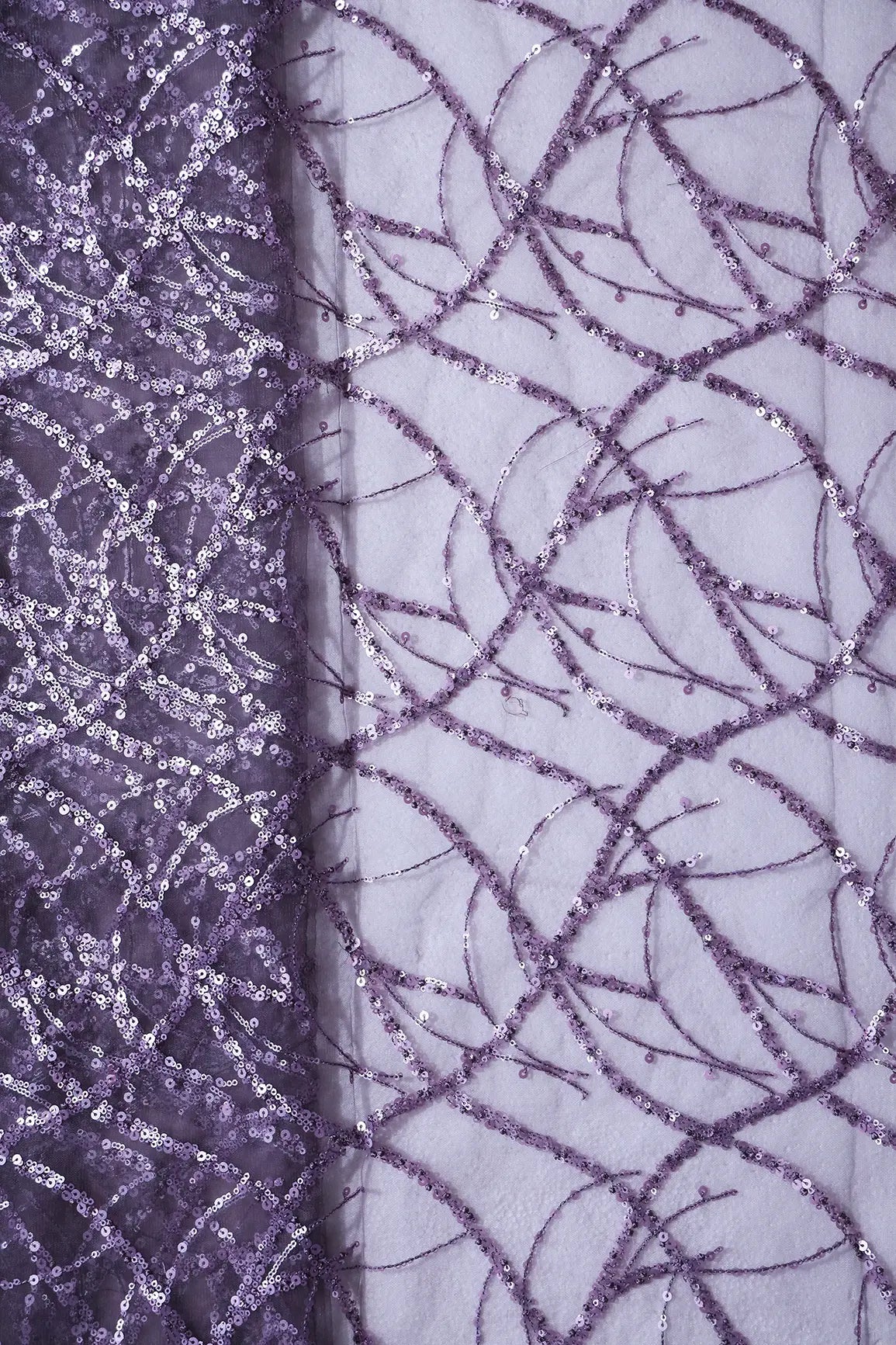 AIzaSyBcstauz-XMPRhEY21AUzeo032pxrXB5Ug - 1.50 Meter Cut Piece Of Purple Sequins Work Embroidery On Purple Grey Soft Net Fabric