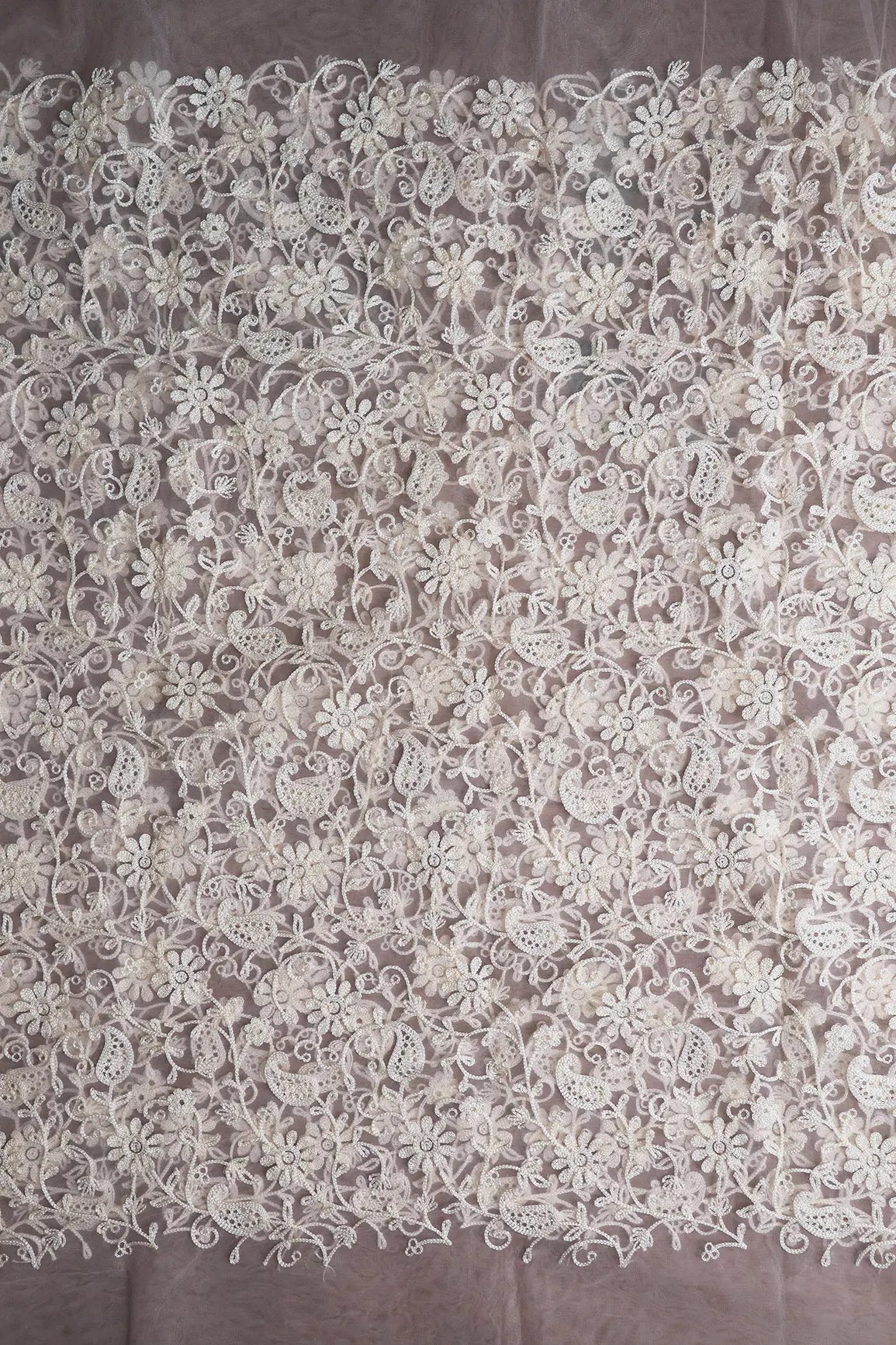 AIzaSyBcstauz-XMPRhEY21AUzeo032pxrXB5Ug - 3.25 Meter Cut Piece Of White Thread Work Floral Embroidery On Baby Pink Soft Net Fabric