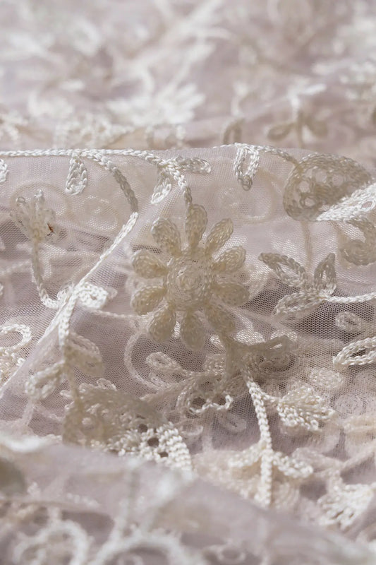 AIzaSyBcstauz-XMPRhEY21AUzeo032pxrXB5Ug - 3.25 Meter Cut Piece Of White Thread Work Floral Embroidery On Baby Pink Soft Net Fabric