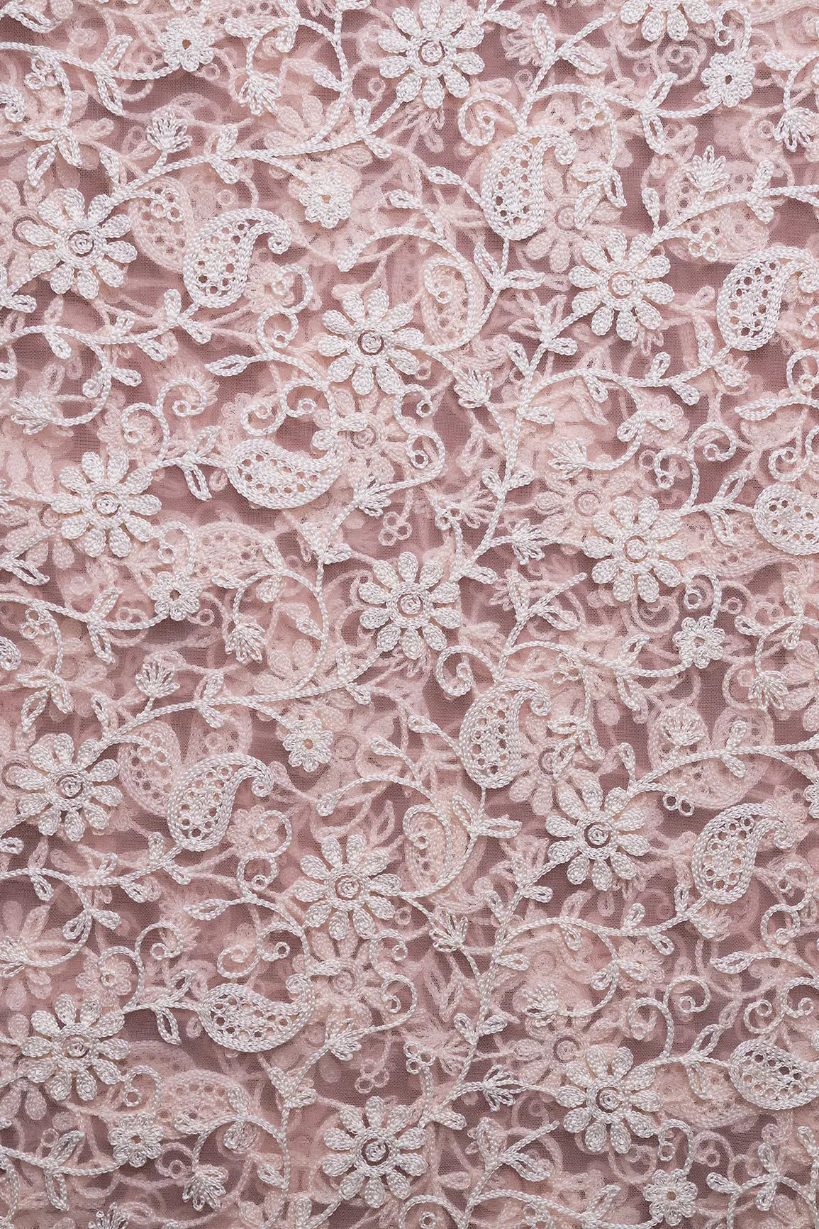 AIzaSyBcstauz-XMPRhEY21AUzeo032pxrXB5Ug - 2.25 Meter Cut Piece Of White Thread Work Floral Embroidery On Pink Soft Net Fabric