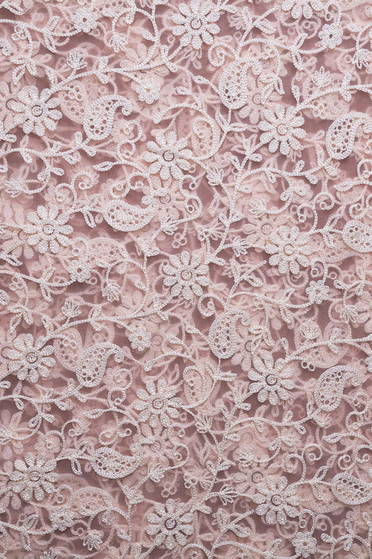 AIzaSyBcstauz-XMPRhEY21AUzeo032pxrXB5Ug - 2.25 Meter Cut Piece Of White Thread Work Floral Embroidery On Pink Soft Net Fabric