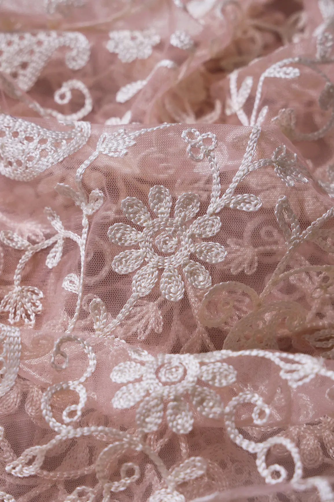 AIzaSyBcstauz-XMPRhEY21AUzeo032pxrXB5Ug - 2.25 Meter Cut Piece Of White Thread Work Floral Embroidery On Pink Soft Net Fabric