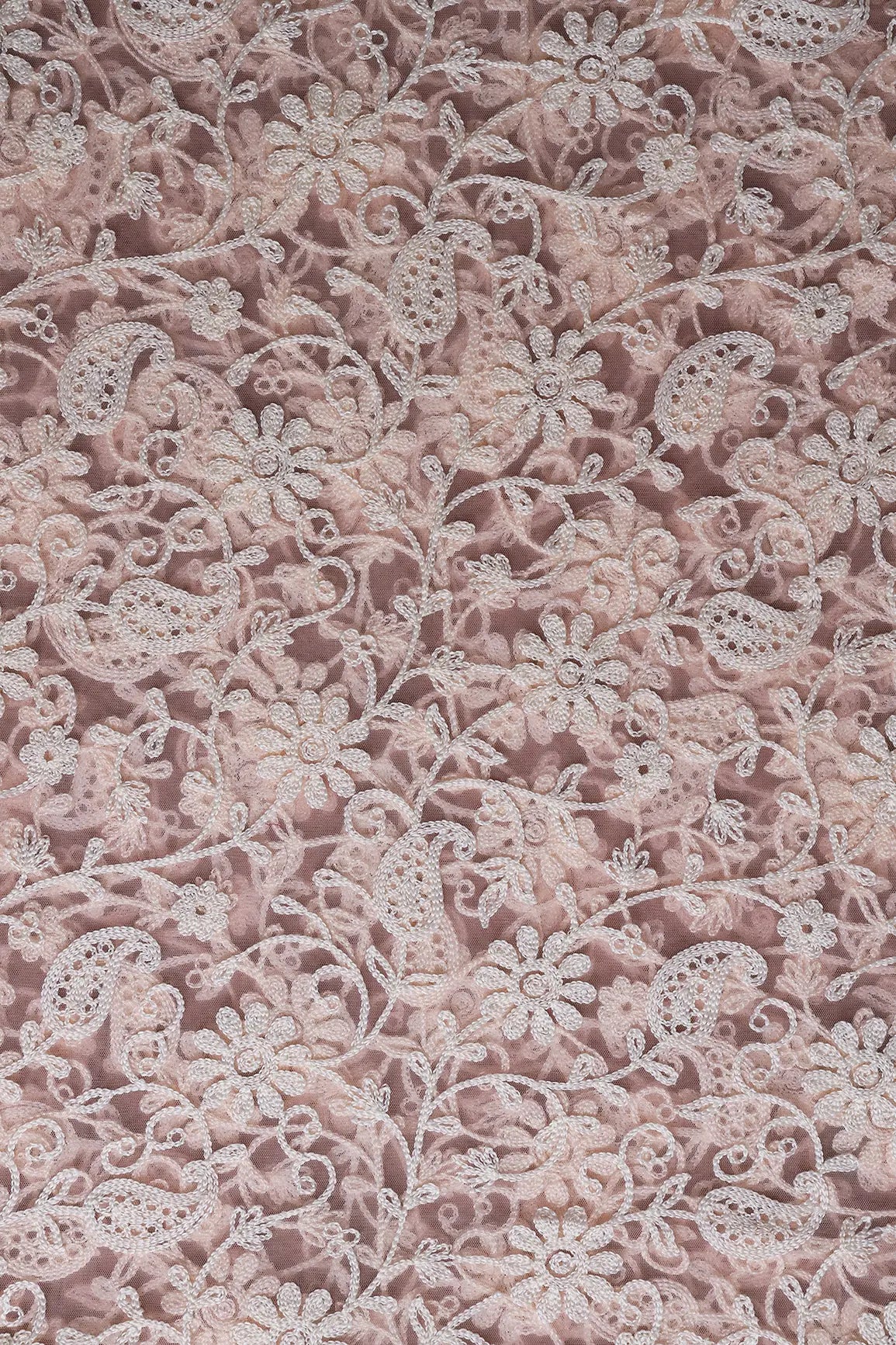 AIzaSyBcstauz-XMPRhEY21AUzeo032pxrXB5Ug - 1.25 Meter Cut Piece Of White Thread Work Floral Embroidery On Pink Soft Net Fabric