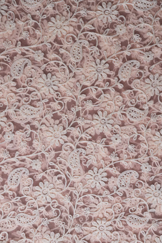 AIzaSyBcstauz-XMPRhEY21AUzeo032pxrXB5Ug - 1.25 Meter Cut Piece Of White Thread Work Floral Embroidery On Pink Soft Net Fabric
