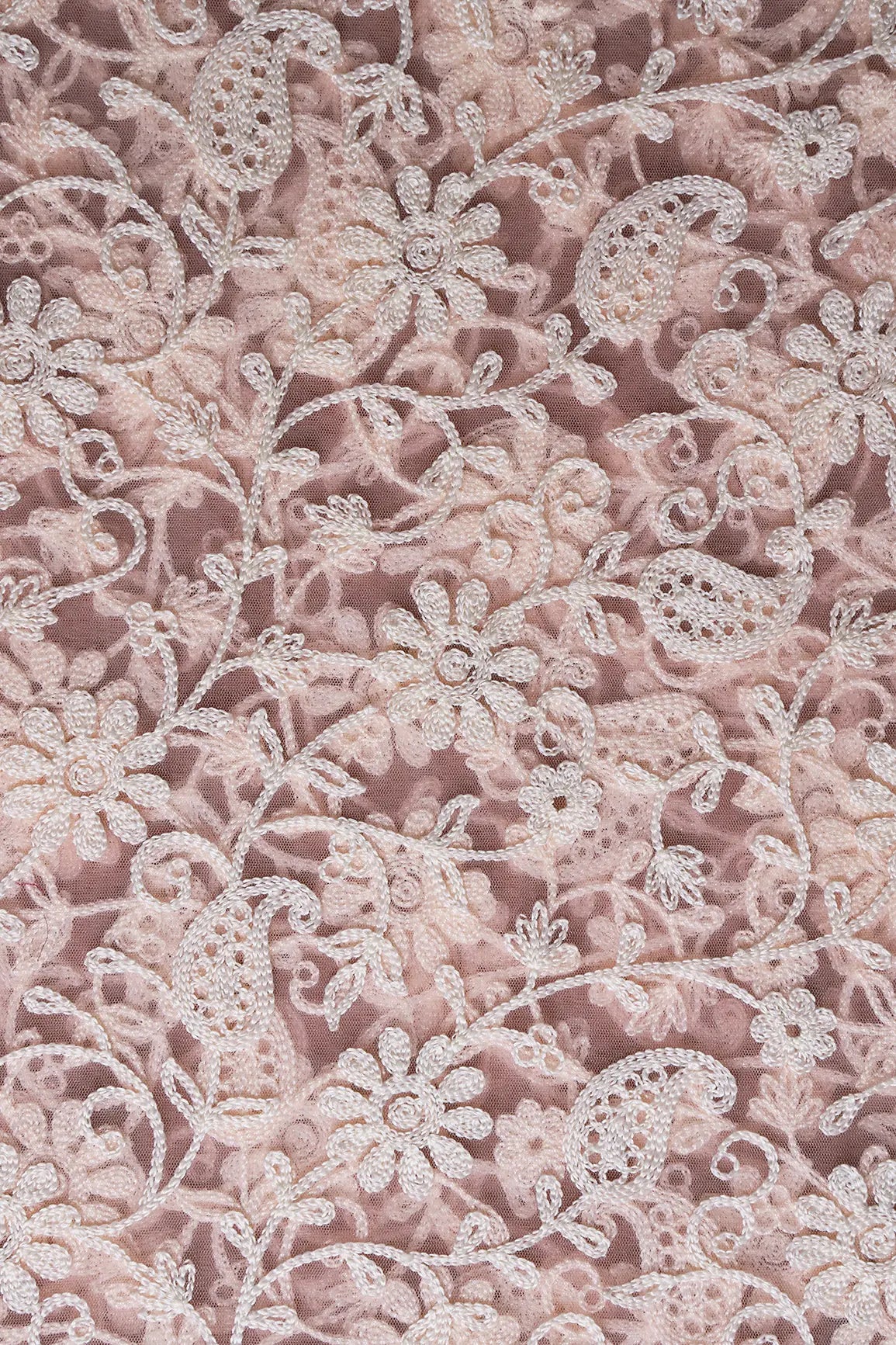 AIzaSyBcstauz-XMPRhEY21AUzeo032pxrXB5Ug - 1.25 Meter Cut Piece Of White Thread Work Floral Embroidery On Pink Soft Net Fabric