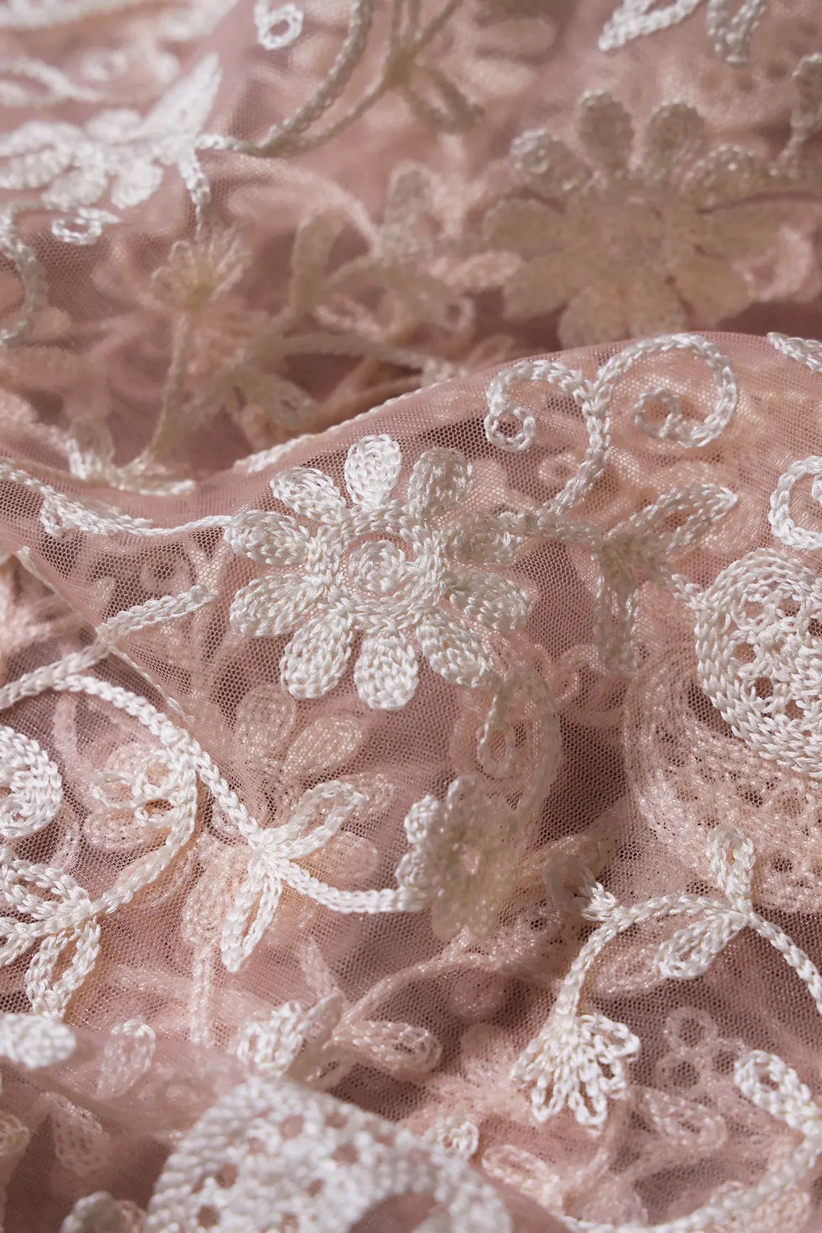 AIzaSyBcstauz-XMPRhEY21AUzeo032pxrXB5Ug - 1.25 Meter Cut Piece Of White Thread Work Floral Embroidery On Pink Soft Net Fabric