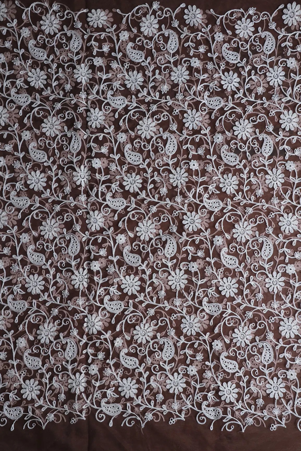 AIzaSyBcstauz-XMPRhEY21AUzeo032pxrXB5Ug - 2.50 Meter Cut Piece Of White Thread Work Floral Embroidery On Brown Soft Net Fabric