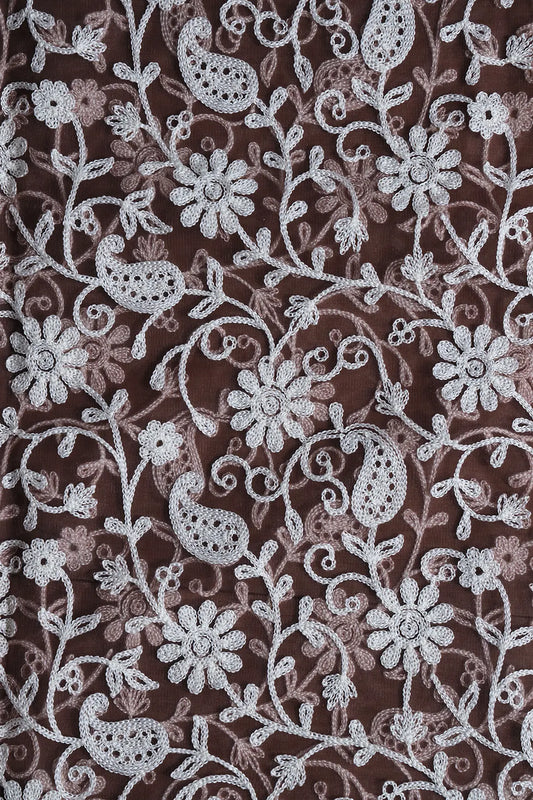 AIzaSyBcstauz-XMPRhEY21AUzeo032pxrXB5Ug - 2.50 Meter Cut Piece Of White Thread Work Floral Embroidery On Brown Soft Net Fabric