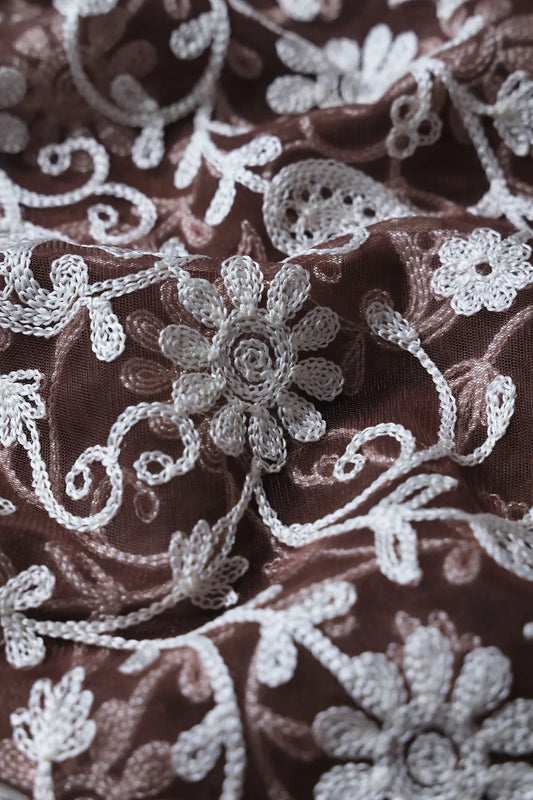 AIzaSyBcstauz-XMPRhEY21AUzeo032pxrXB5Ug - 2.50 Meter Cut Piece Of White Thread Work Floral Embroidery On Brown Soft Net Fabric