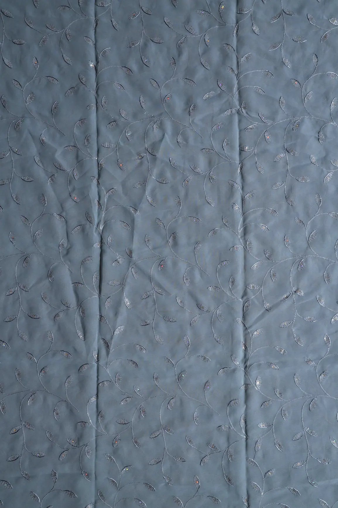 AIzaSyBcstauz-XMPRhEY21AUzeo032pxrXB5Ug - 2 Meter Cut Piece Of Rainbow Sequins Leafy Embroidery On Grey Georgette Fabric