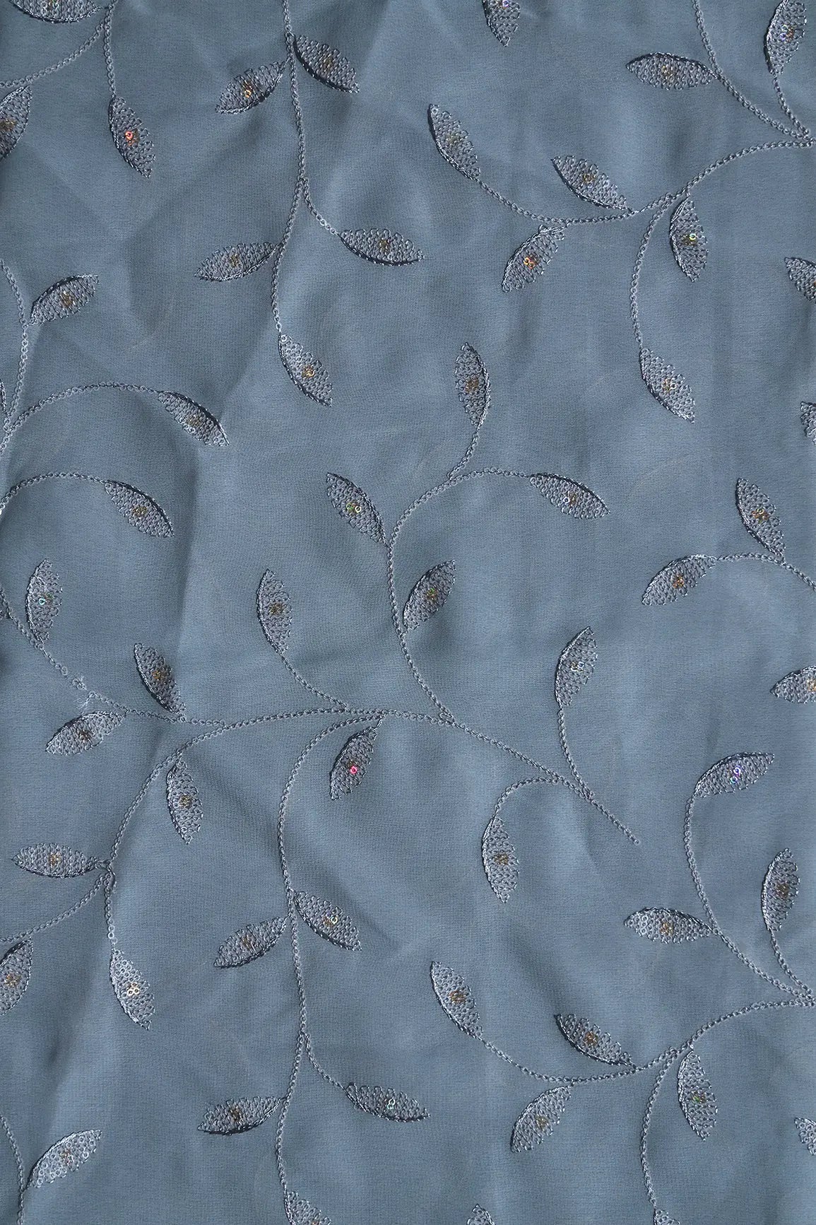 AIzaSyBcstauz-XMPRhEY21AUzeo032pxrXB5Ug - 2 Meter Cut Piece Of Rainbow Sequins Leafy Embroidery On Grey Georgette Fabric
