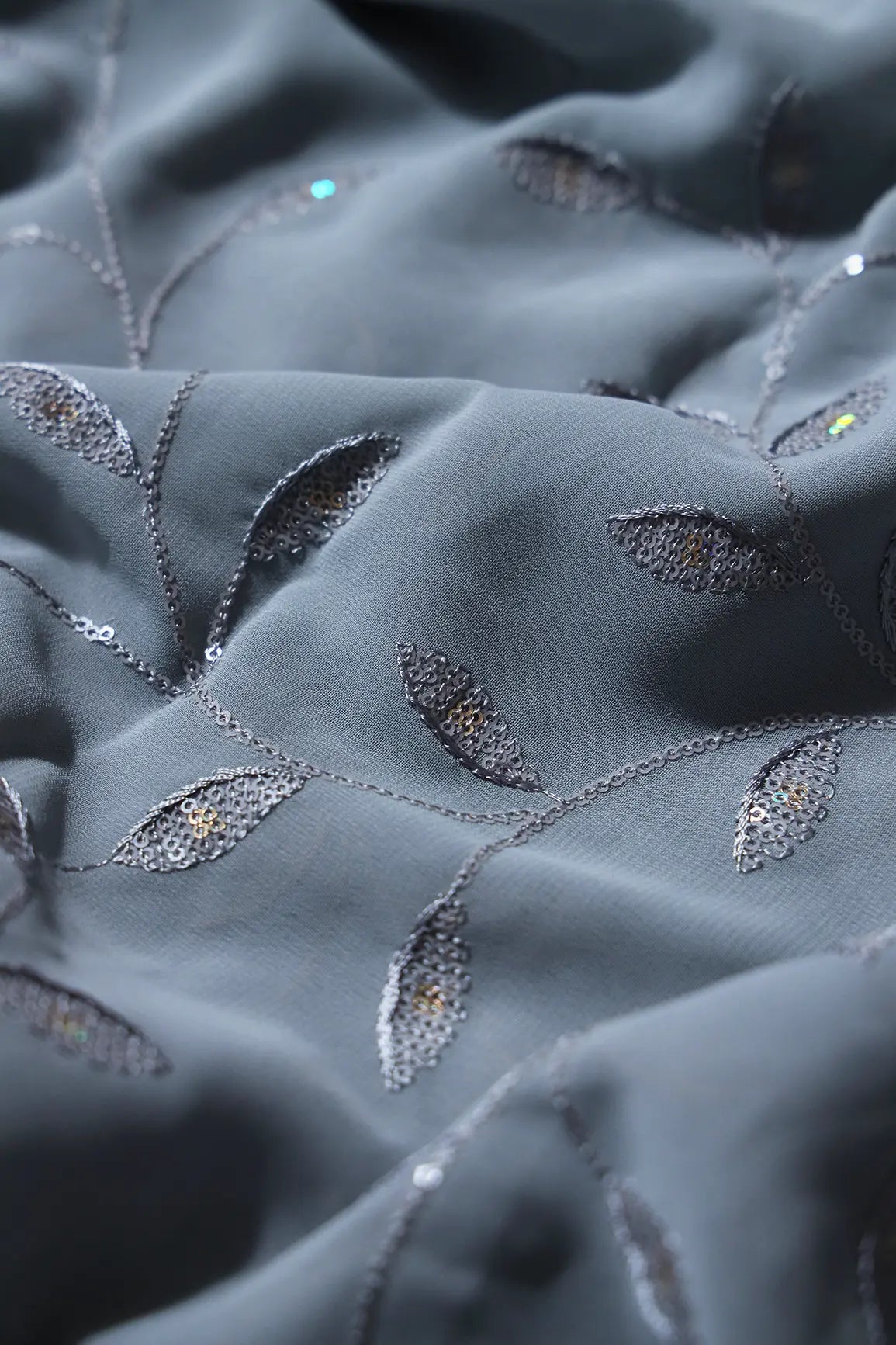 AIzaSyBcstauz-XMPRhEY21AUzeo032pxrXB5Ug - 2 Meter Cut Piece Of Rainbow Sequins Leafy Embroidery On Grey Georgette Fabric
