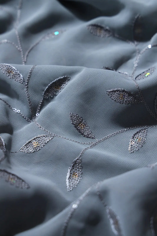 AIzaSyBcstauz-XMPRhEY21AUzeo032pxrXB5Ug - 2 Meter Cut Piece Of Rainbow Sequins Leafy Embroidery On Grey Georgette Fabric