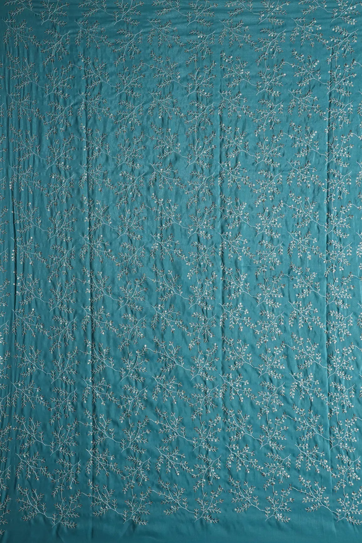 AIzaSyBcstauz-XMPRhEY21AUzeo032pxrXB5Ug - 1.78 Meter Cut Piece Of White Thread With Gold Sequins Leafy Embroidery On Sky Blue Muslin Silk Fabric