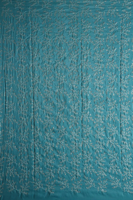 AIzaSyBcstauz-XMPRhEY21AUzeo032pxrXB5Ug - 1.78 Meter Cut Piece Of White Thread With Gold Sequins Leafy Embroidery On Sky Blue Muslin Silk Fabric
