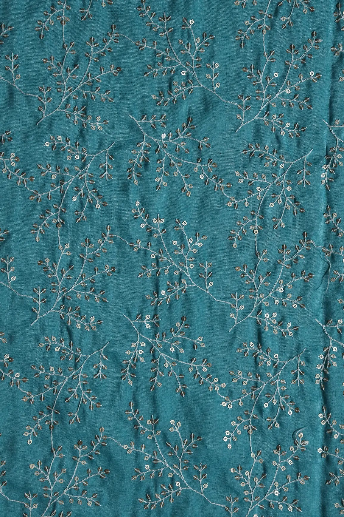 AIzaSyBcstauz-XMPRhEY21AUzeo032pxrXB5Ug - 1.78 Meter Cut Piece Of White Thread With Gold Sequins Leafy Embroidery On Sky Blue Muslin Silk Fabric