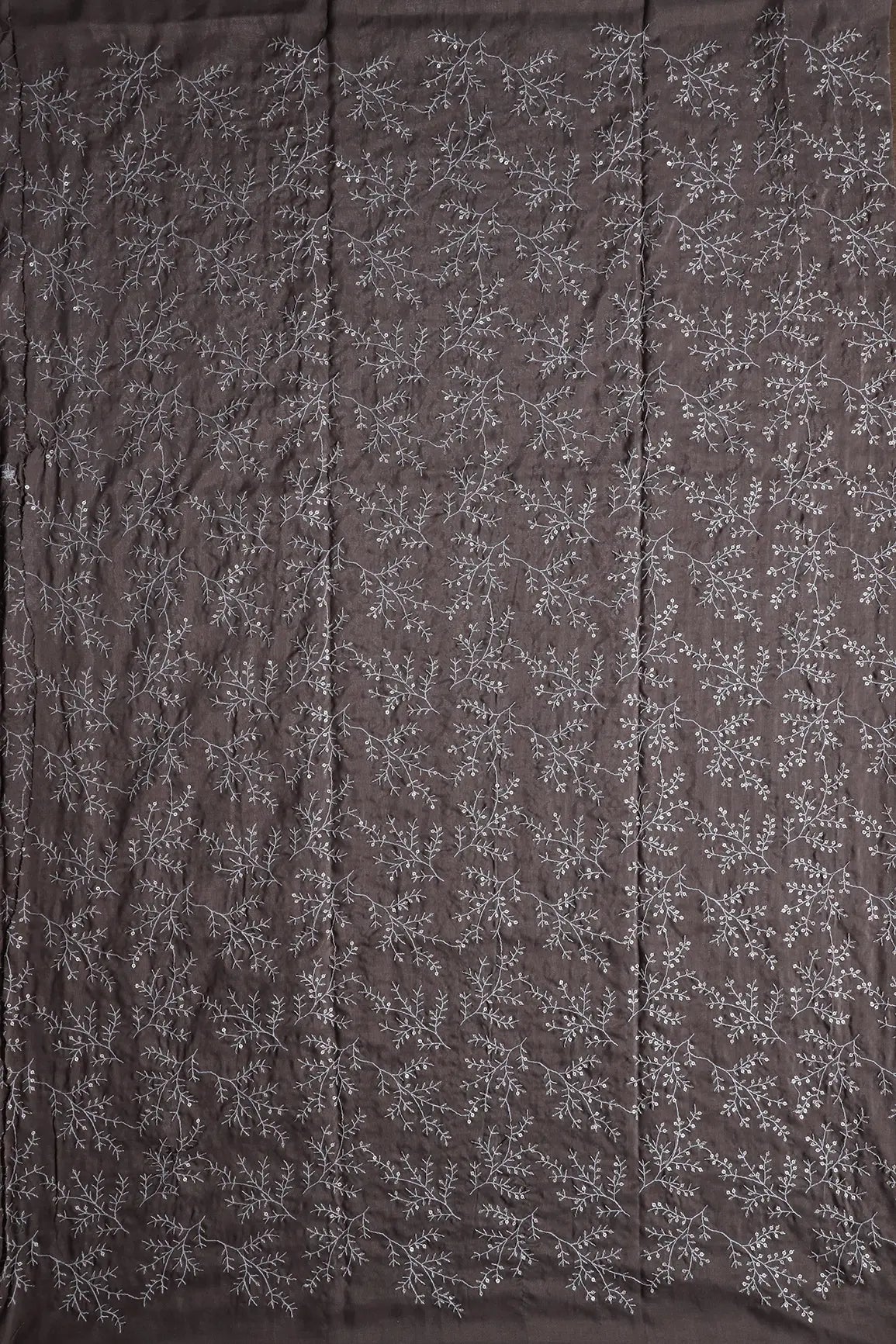 AIzaSyBcstauz-XMPRhEY21AUzeo032pxrXB5Ug - 1.70 Meter Cut Piece Of White Thread With Gold Sequins Leafy Embroidery On Light Brown Muslin Silk Fabric