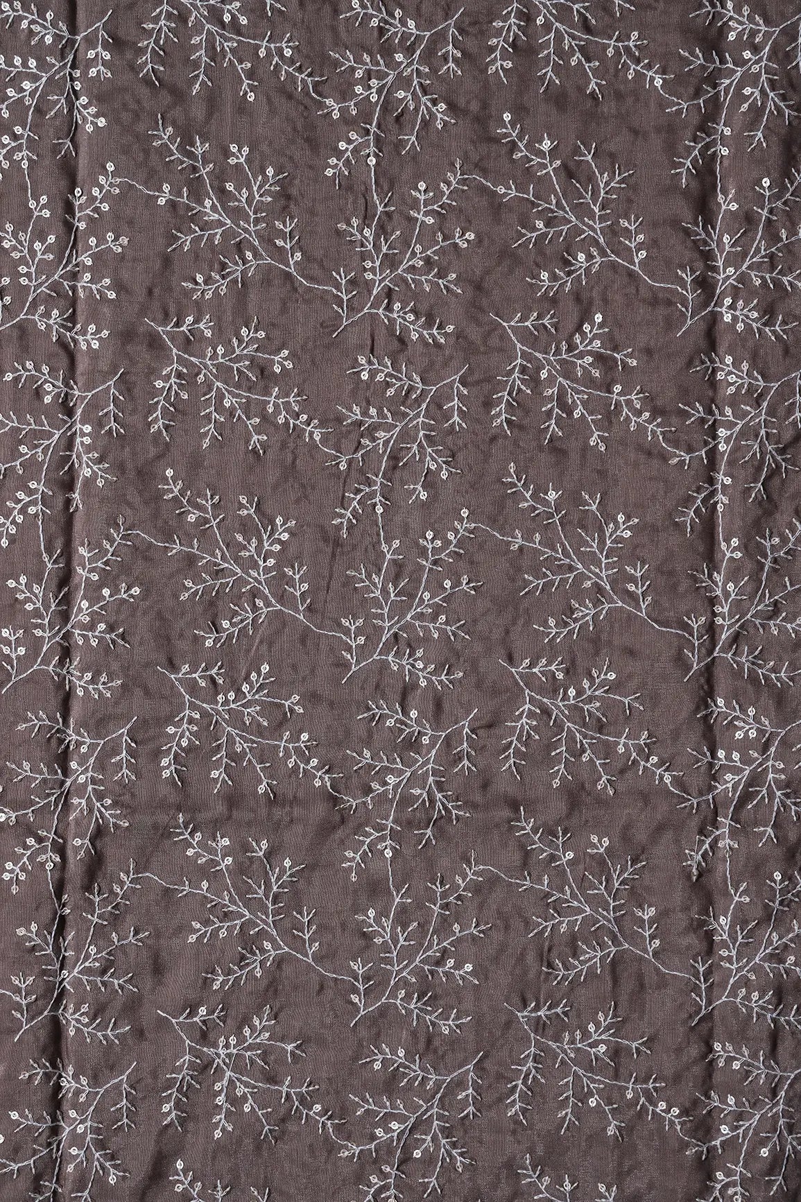 AIzaSyBcstauz-XMPRhEY21AUzeo032pxrXB5Ug - 1.70 Meter Cut Piece Of White Thread With Gold Sequins Leafy Embroidery On Light Brown Muslin Silk Fabric