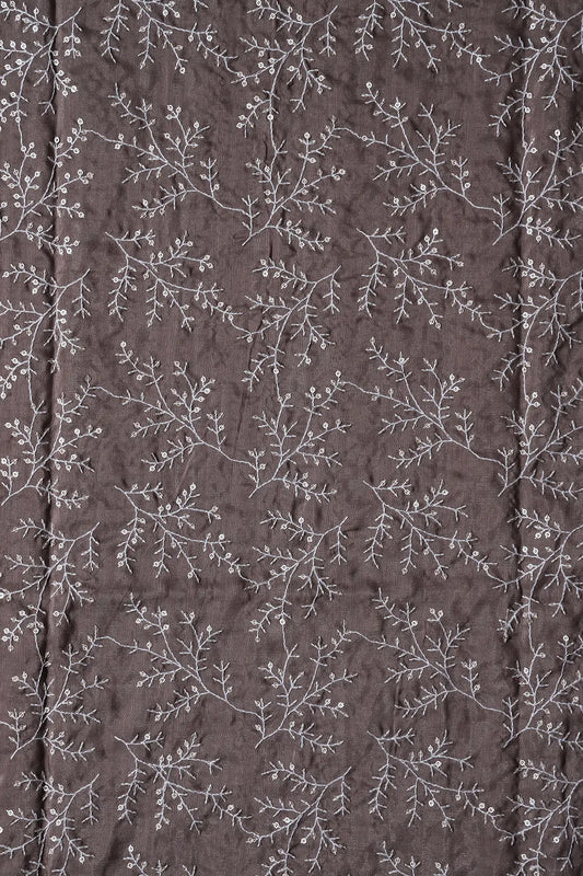 AIzaSyBcstauz-XMPRhEY21AUzeo032pxrXB5Ug - 1.70 Meter Cut Piece Of White Thread With Gold Sequins Leafy Embroidery On Light Brown Muslin Silk Fabric
